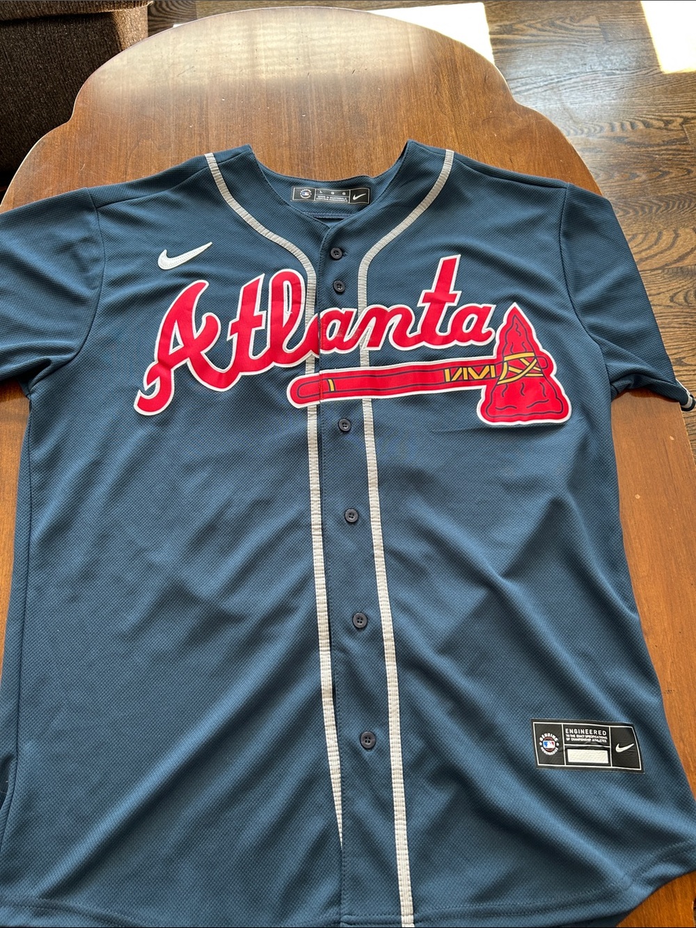 Nike Acuna Jr. Adult Atlanta Braves Button-Up Baseball Jersey with Red Logo
